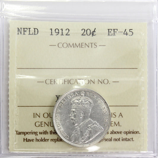 1912 Newfoundland 20-cents ICCS Certified EF-45