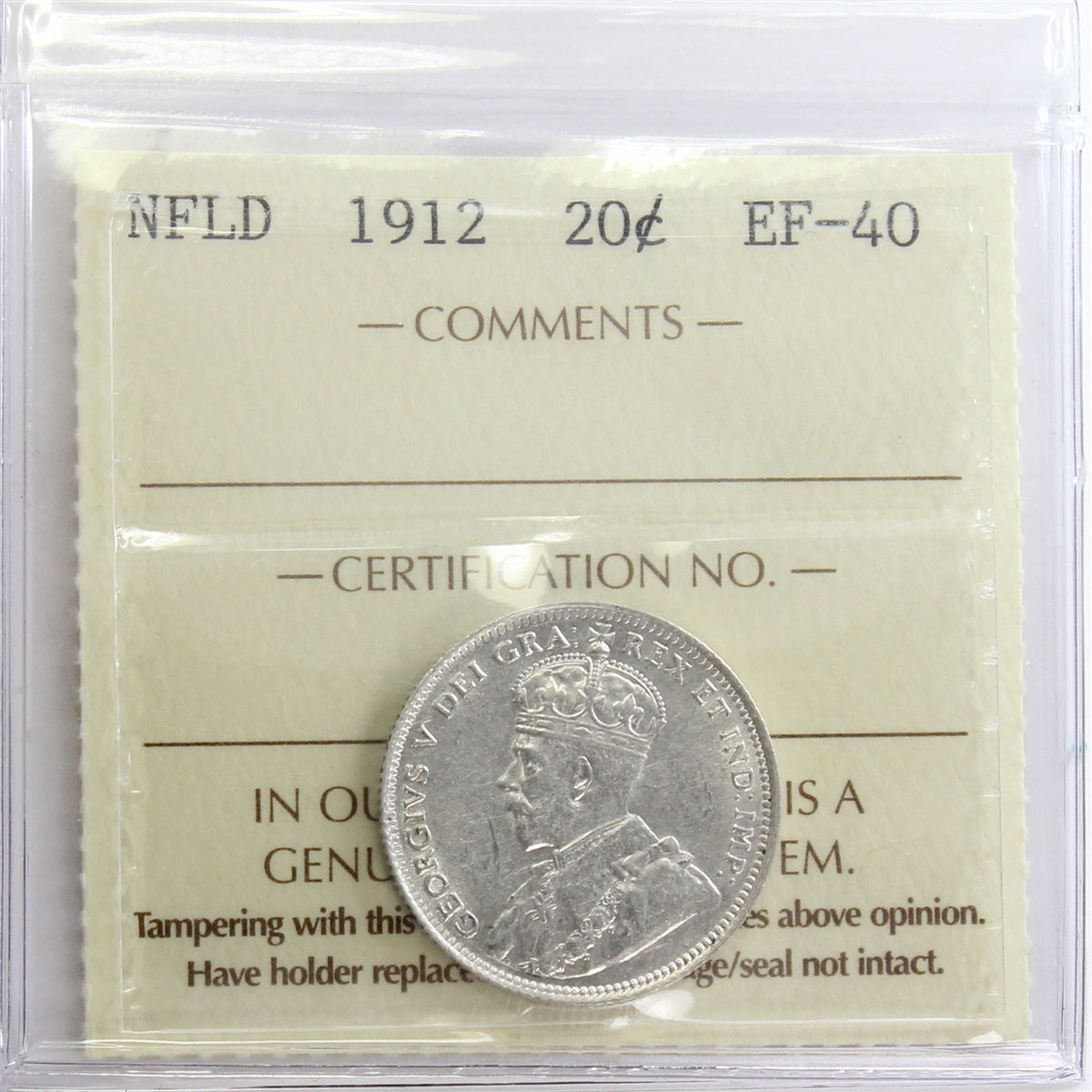 1912 Newfoundland 20-cents ICCS Certified EF40