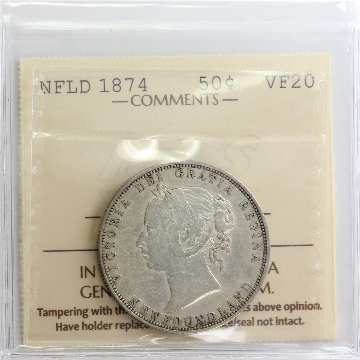1874 Newfoundland 50-cents ICCS Certified VF20
