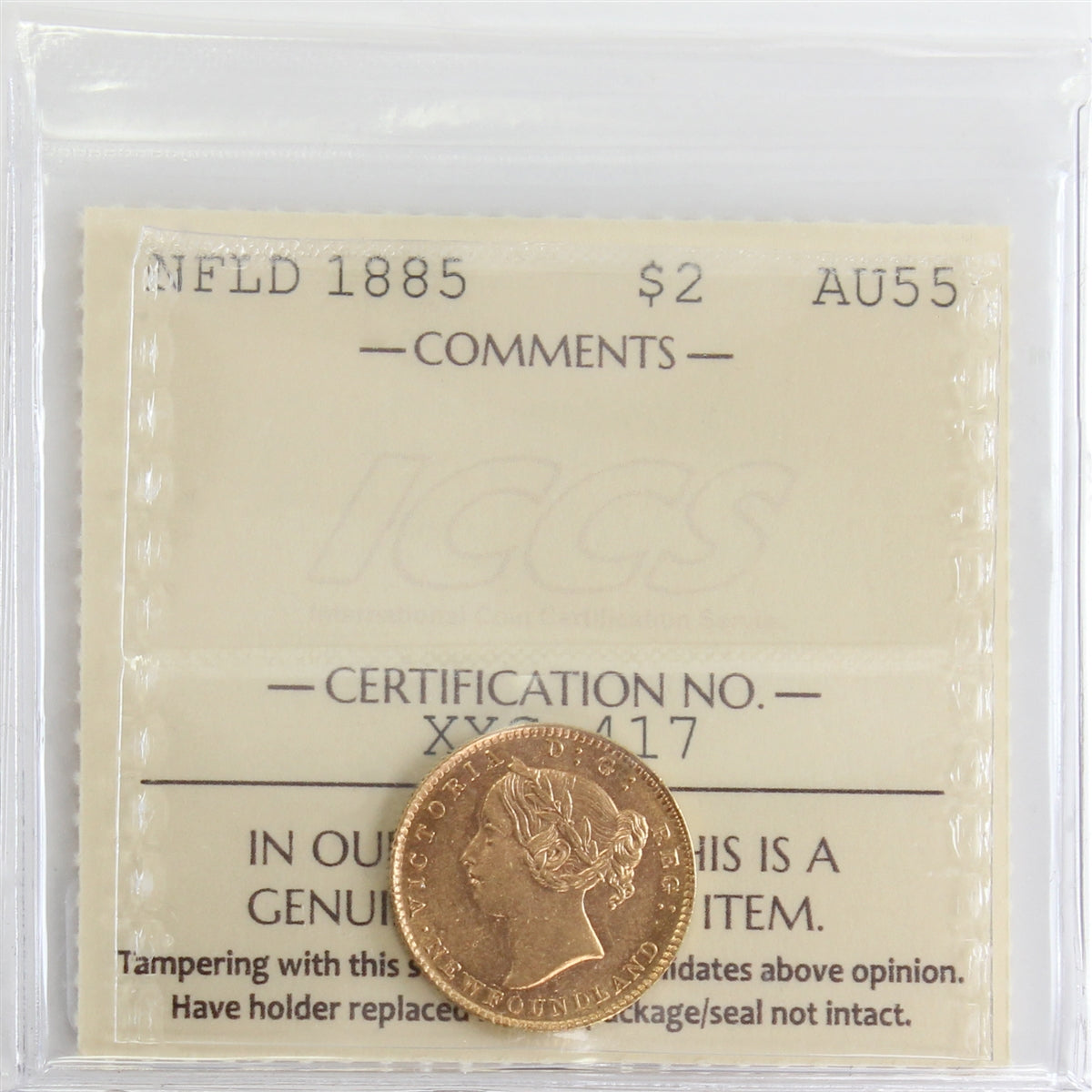 1885 Newfoundland $2 Gold ICCS Certified AU55