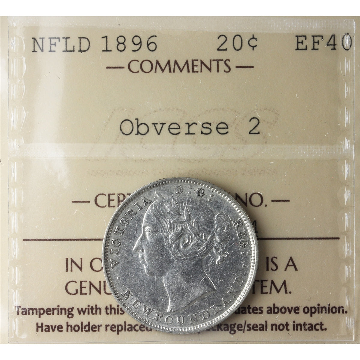 1896 Obv. 2 Newfoundland 20-cents ICCS Certified EF40
