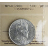 1908 Newfoundland 50-cents ICCS Certified AU50