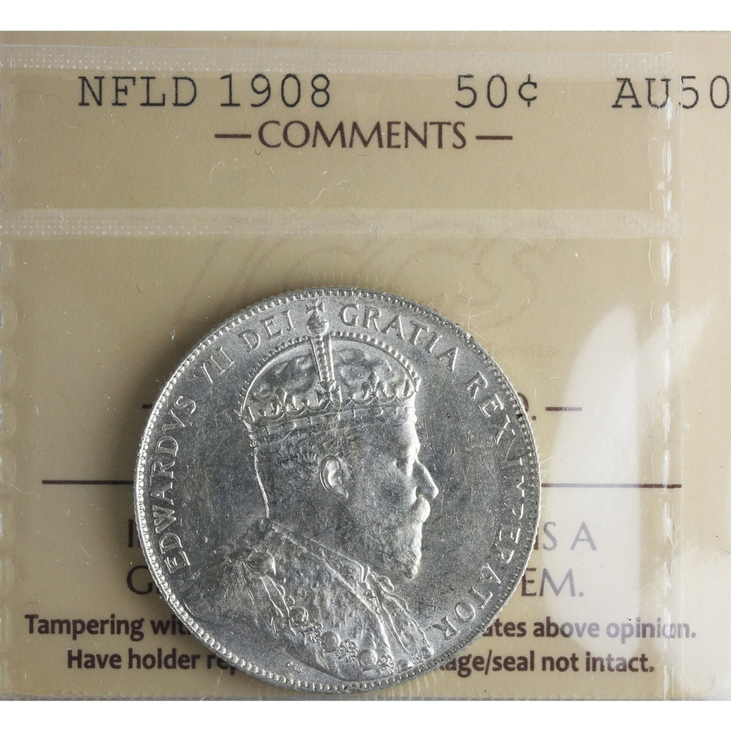 1908 Newfoundland 50-cents ICCS Certified AU50