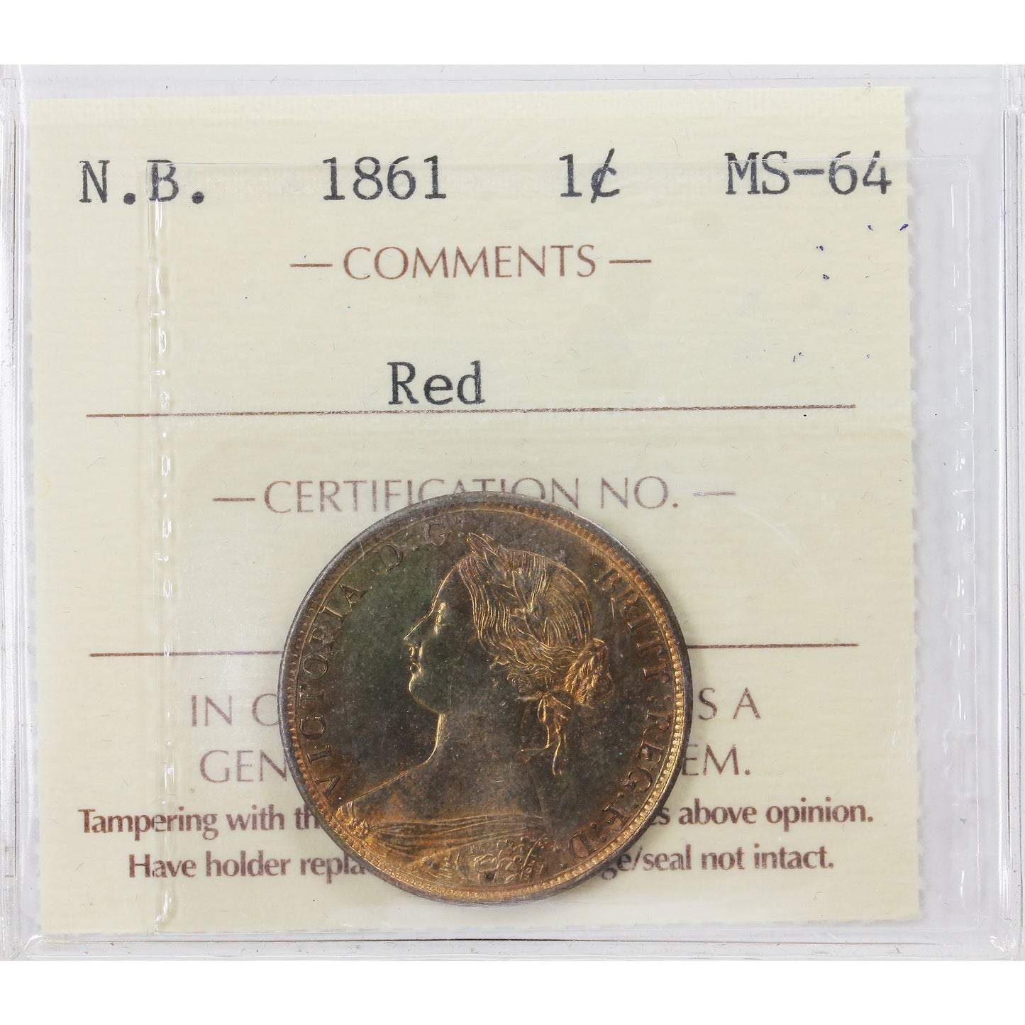 1861 New Brunswick 1-cent ICCS Certified MS64 (EA 069)