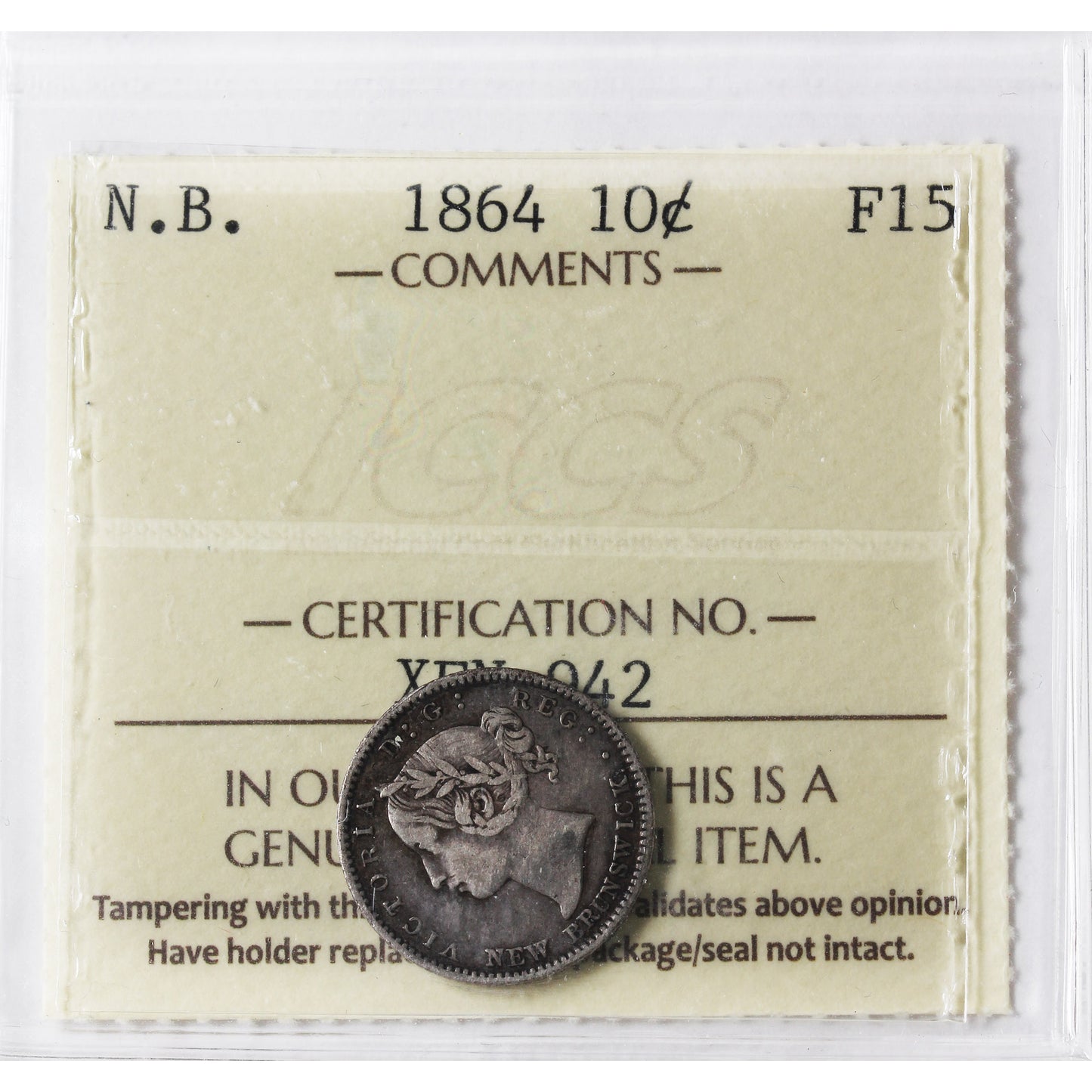 1864 New Brunswick 10-cents ICCS Certified F15