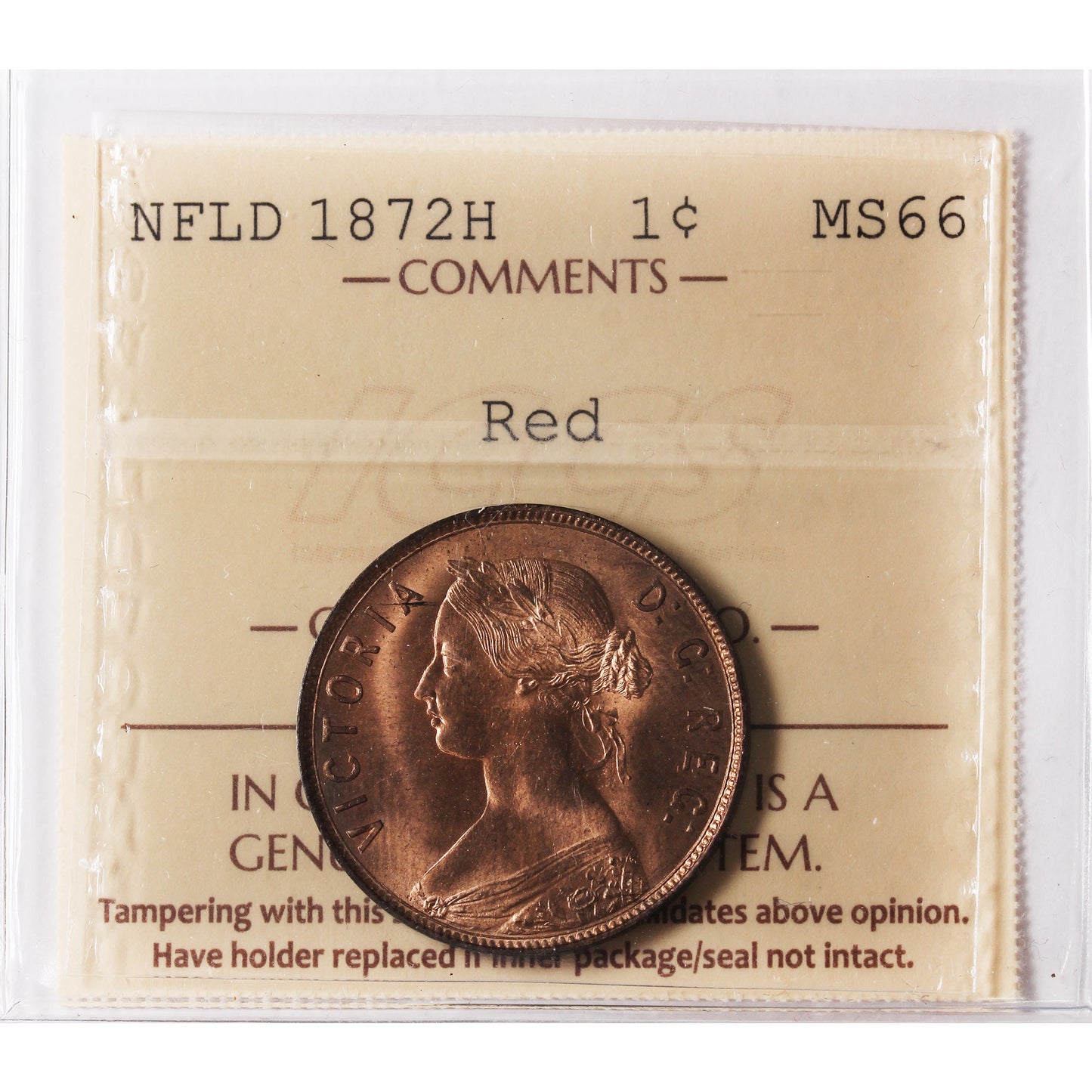1872H Newfoundland 1-cent ICCS Certified MS-66 (XHT 347) *Scarce*