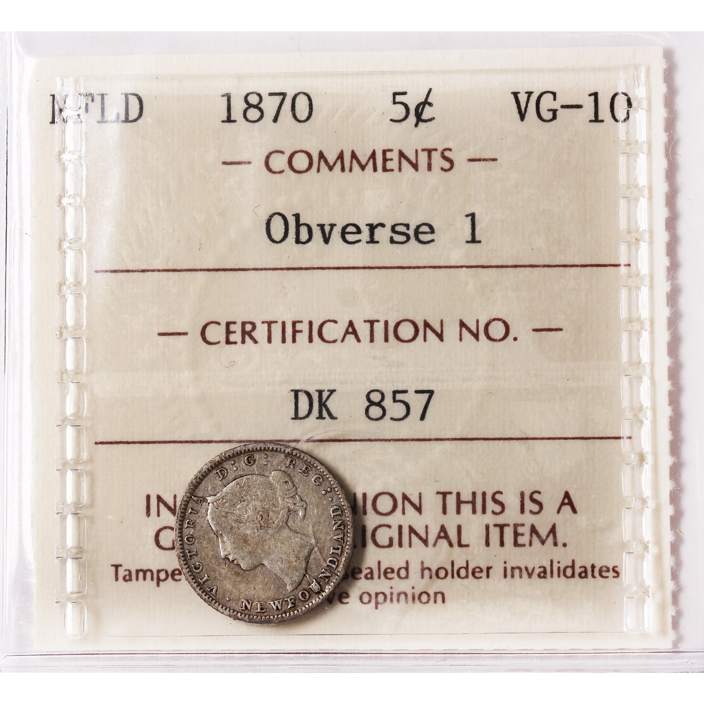 1870 Obv. 1 Newfoundland 5-cents ICCS Certified VG10