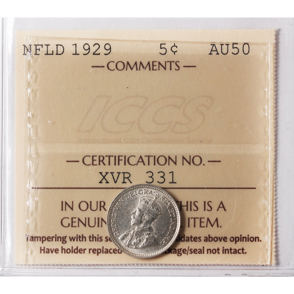 1929 Newfoundland 5-cents ICCS Certified AU50