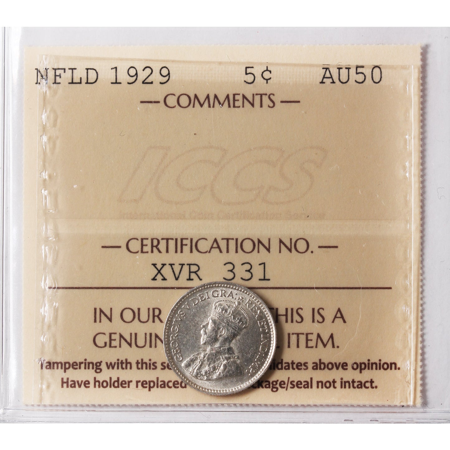 1929 Newfoundland 5-cents ICCS Certified AU50