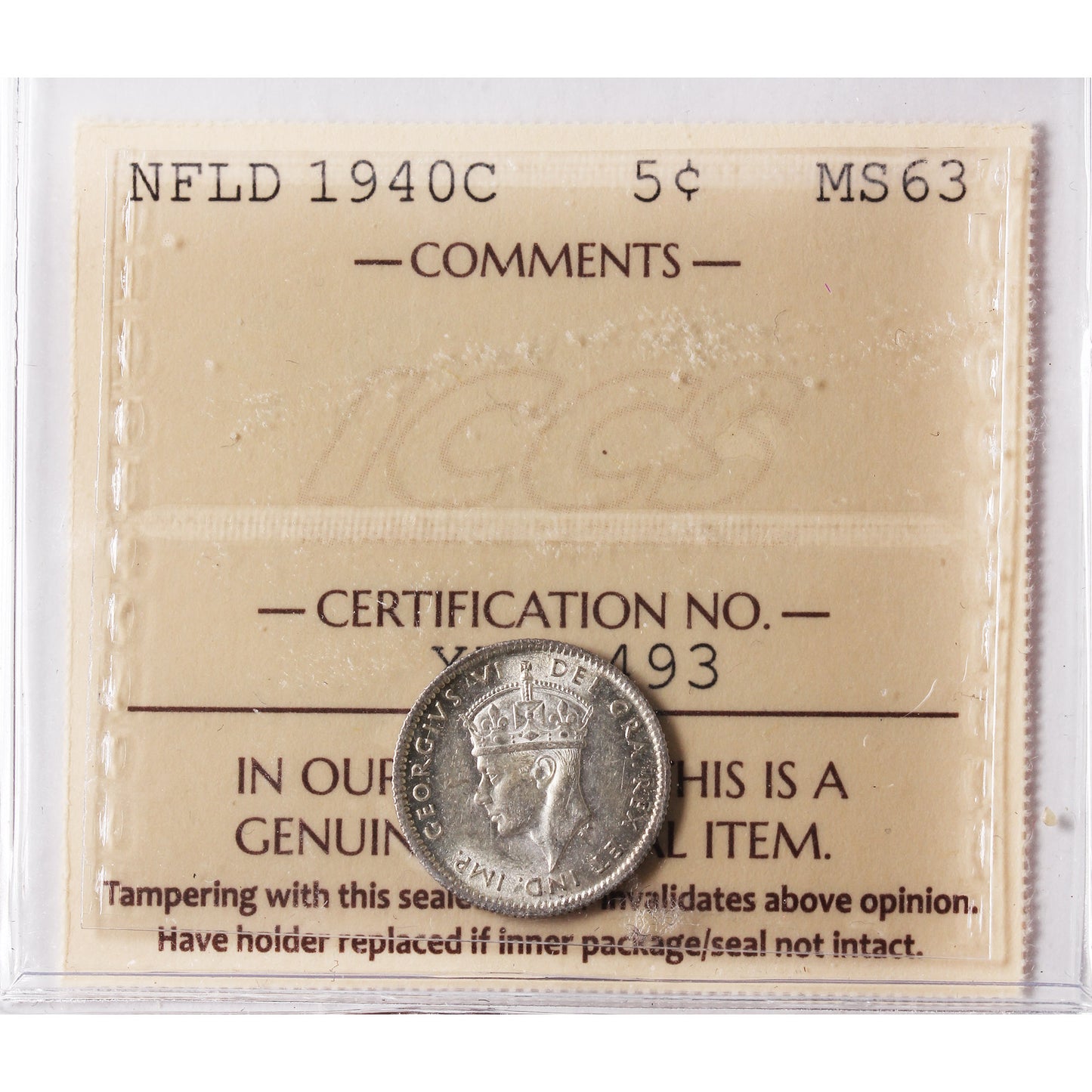 1940C Newfoundland 5-cents ICCS Certified MS63 (XHZ 493)