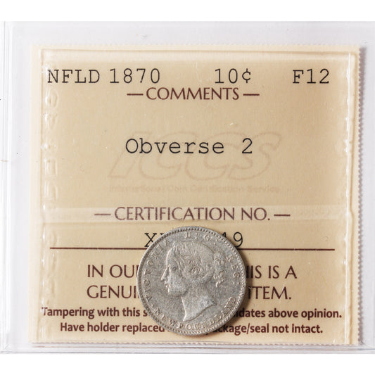 1870 Obv. 2 Newfoundland 10-cents ICCS Certified F-12