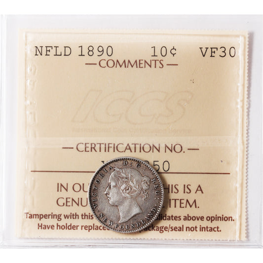 1890 Newfoundland 10-cents ICCS Certified VF-30