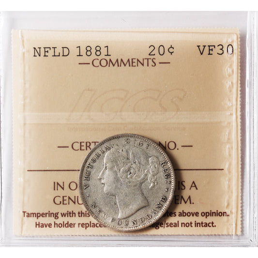 1881 Newfoundland 20-cents ICCS Certified VF-30