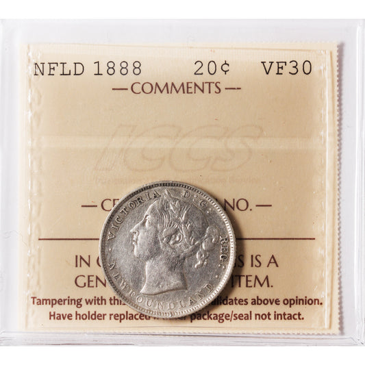 1888 Newfoundland 20-cents ICCS Certified VF-30