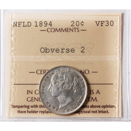 1894 Obv. 2 Newfoundland 20-cents ICCS Certified VF-30
