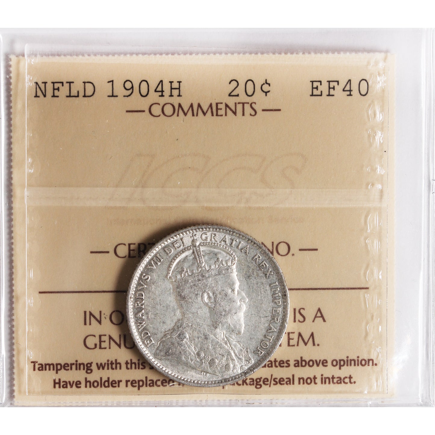 1904H Newfoundland 20-cents ICCS Certified EF-40