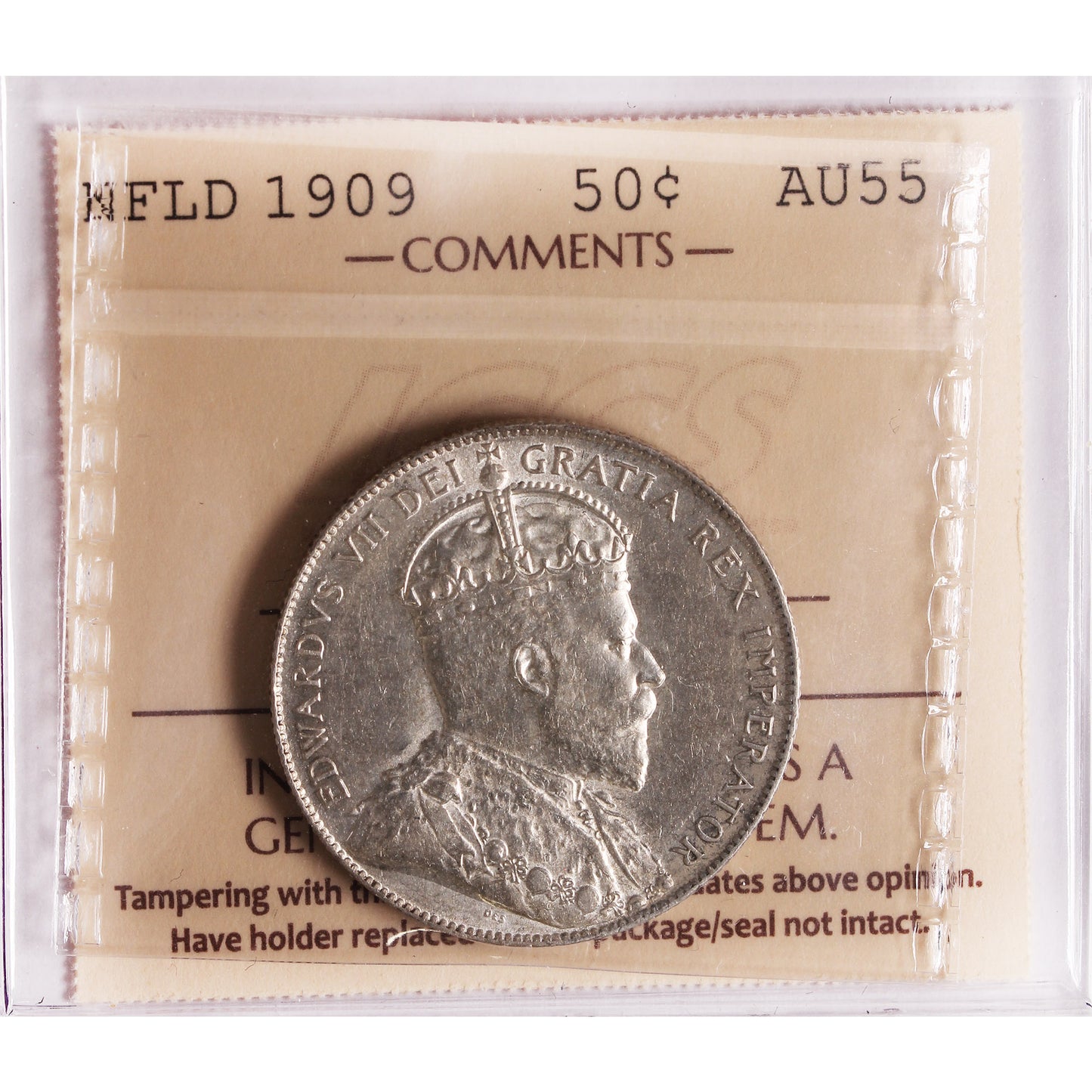 1909 Newfoundland 50-cents ICCS Certified AU55