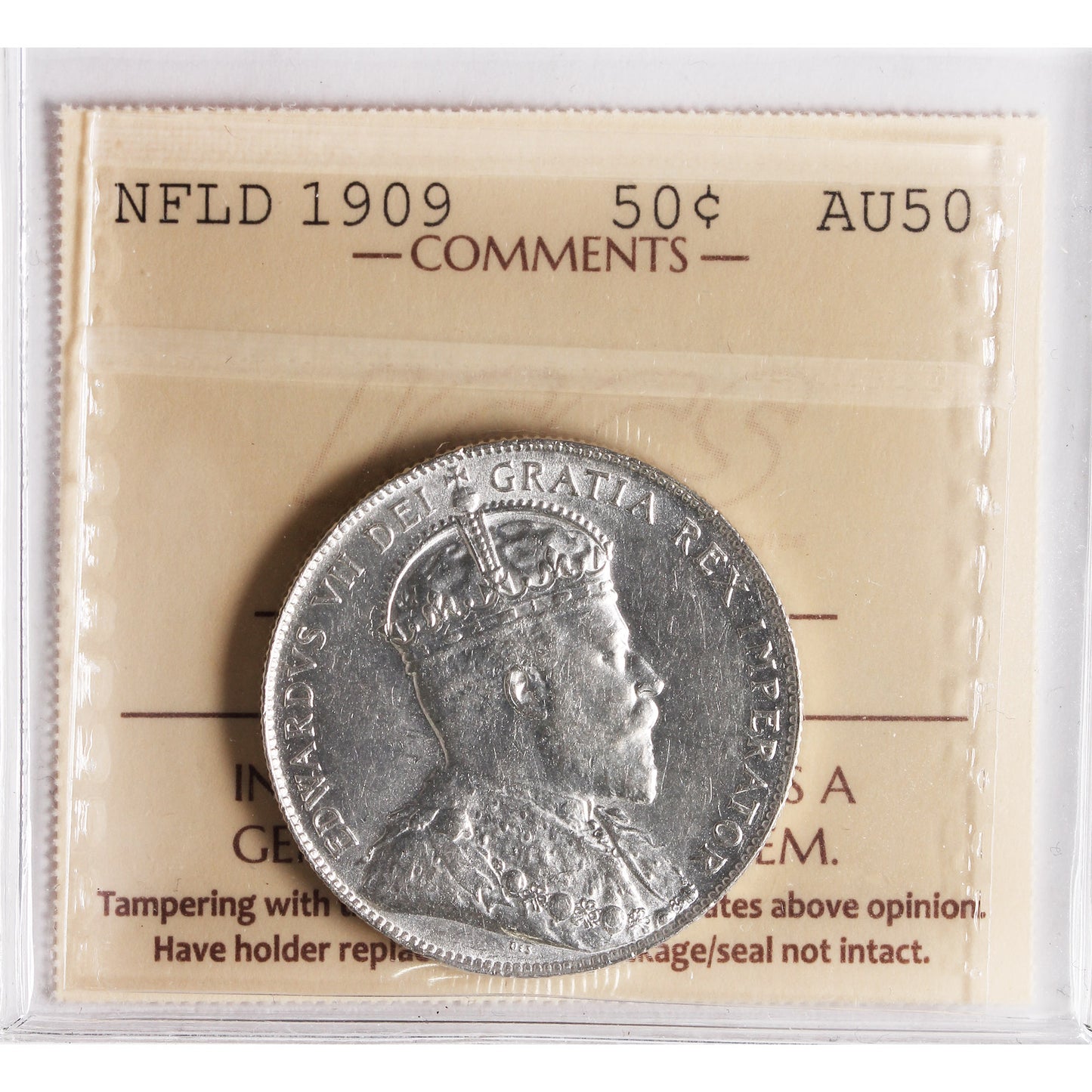 1909 Newfoundland 50-cents ICCS Certified AU50