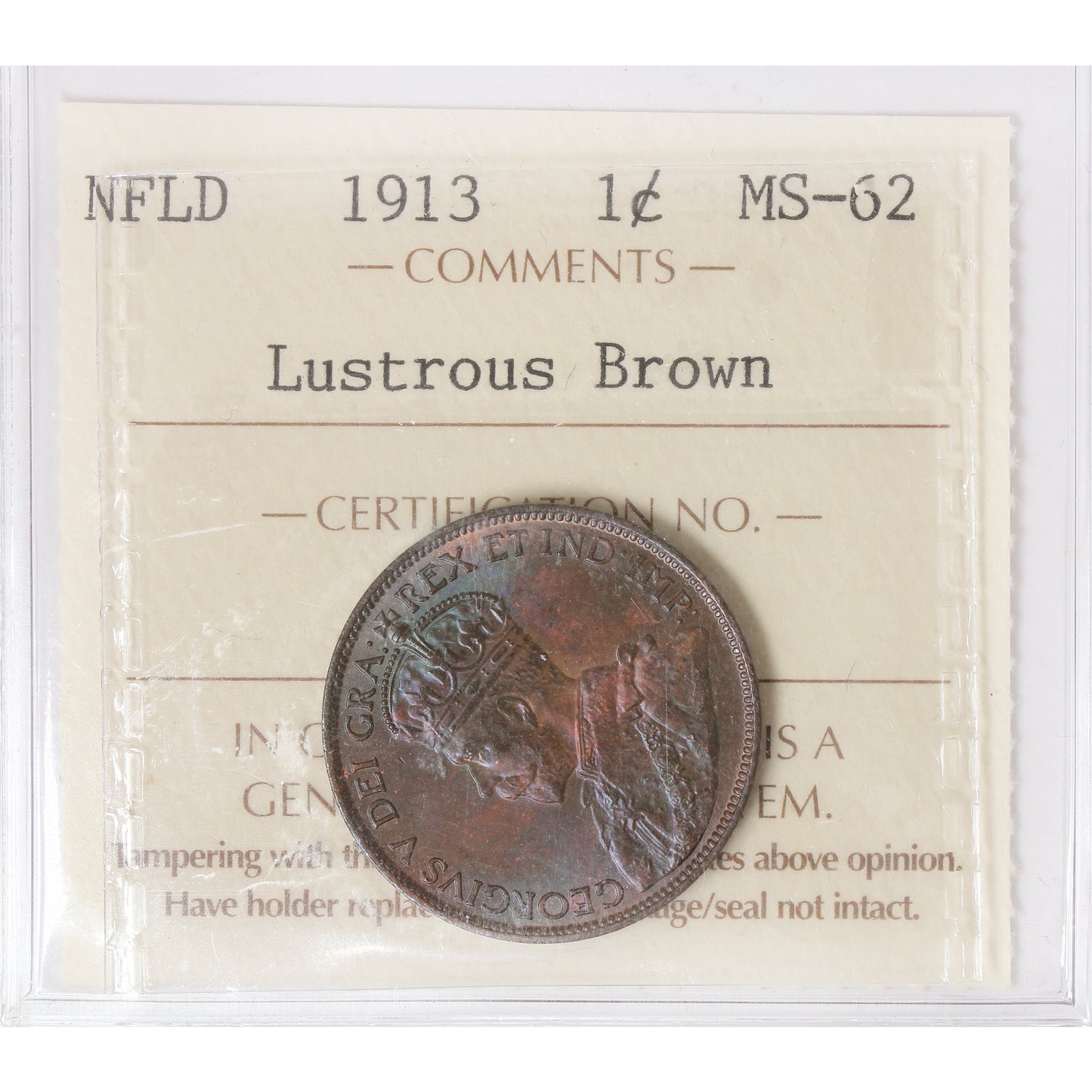 1913 Newfoundland 1-cent ICCS Certified MS62 Lustrous Brown