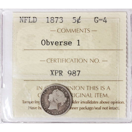 1873 Obv. 1 Newfoundland 5-cents ICCS Certified G4