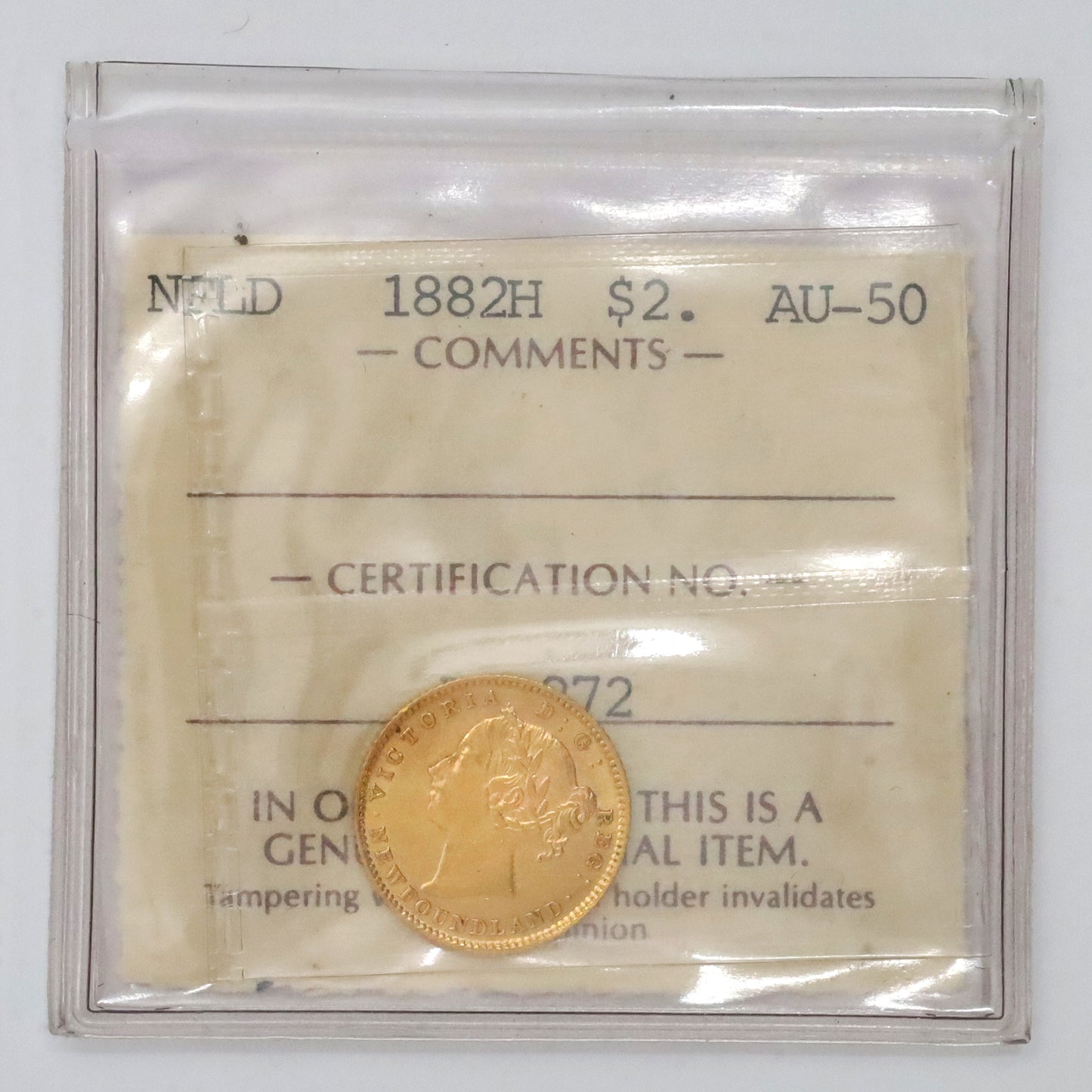 1882H Newfoundland $2 Gold ICCS Certified AU50