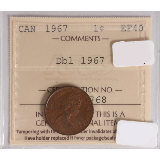 1967 Dbl 1967 Canada 1-Cent ICCS Certified EF-40