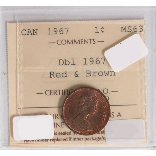 1967 Dbl 1967 Canada 1-Cent ICCS Certified MS-63 Red & Brown