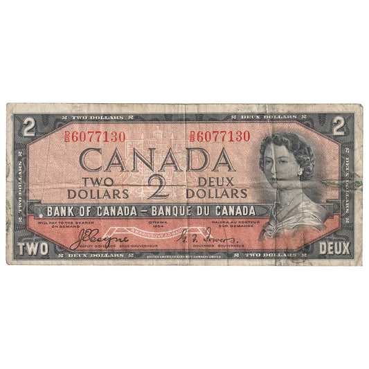 BC-30a 1954 Canada $2 Coyne-Towers, Devil's Face, D/B, F-VF (Dirt)