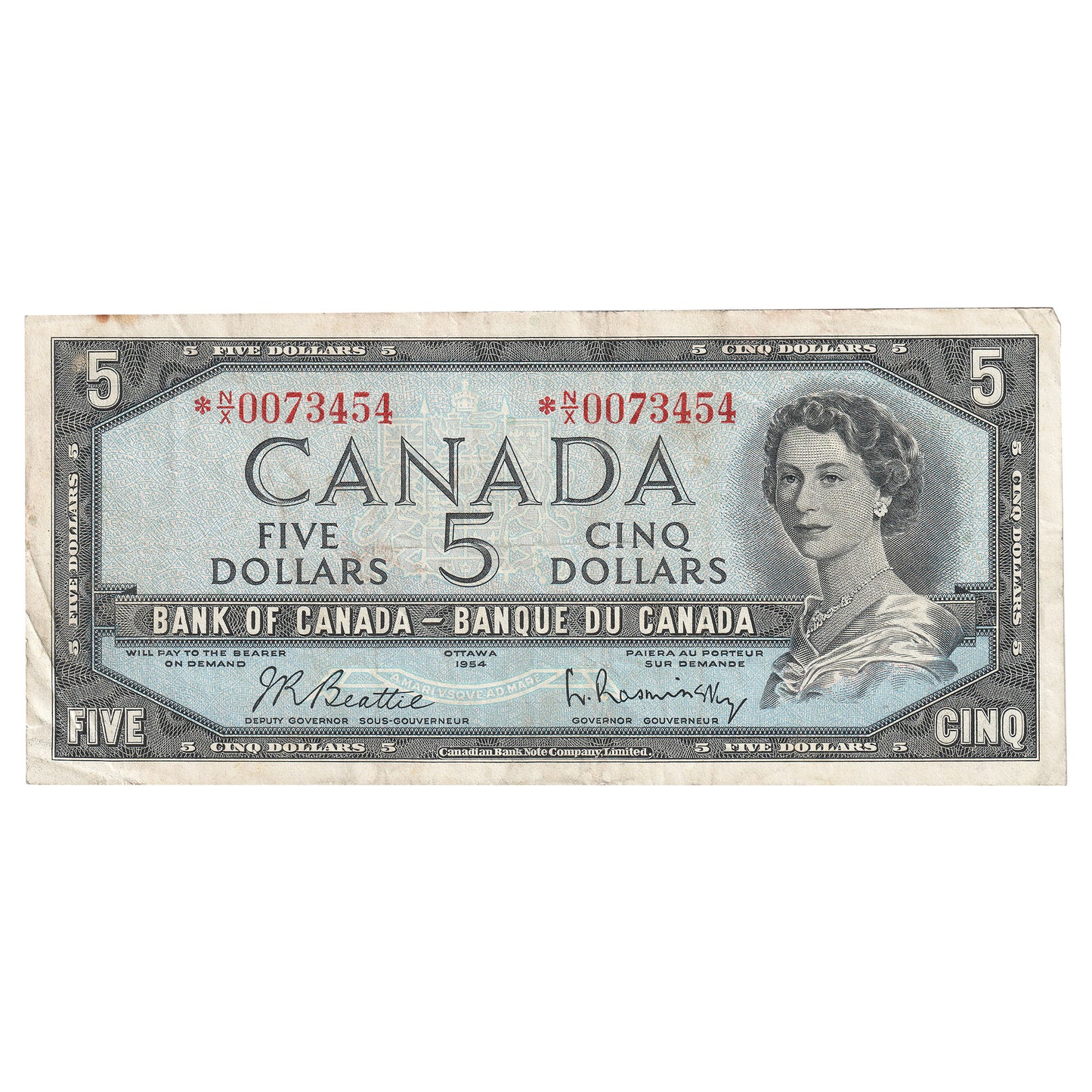 BC-39bA 1954 Canada $5 Beattie-Rasminsky, *N/X, VF-EF (Stain)