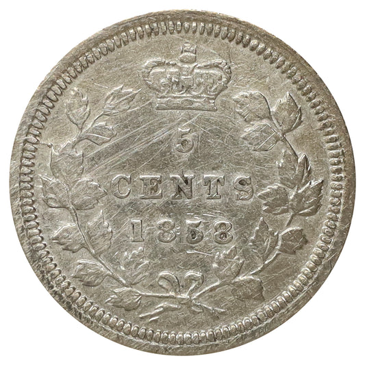 1858 Large Date RP2 Canada 5-cents VF-EF (VF30) Scratched, marks, or impaired