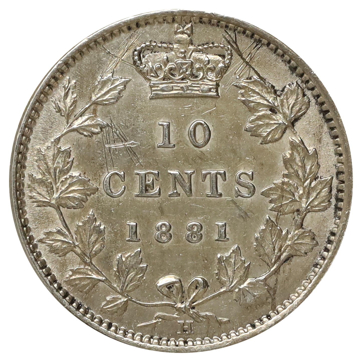 1881H Obv. 2 Canada 10-cents AU-UNC (AU55) Scratched, marks, or impaired