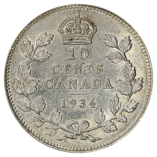 1934 Canada 10-cents EF-AU (EF45) Scratched, marks, or impaired