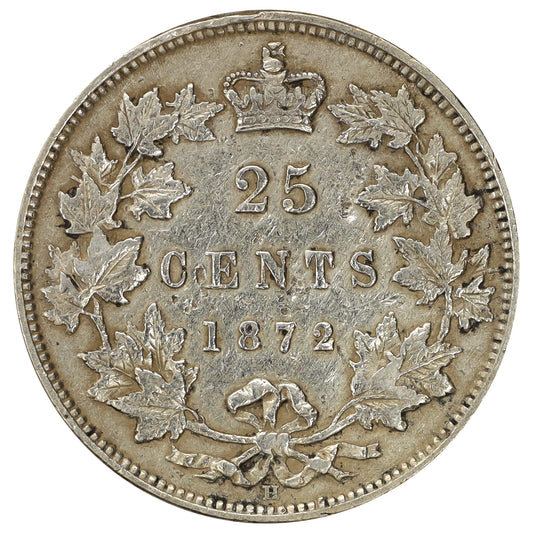 1872H Obv. 2 Canada 25-cents VF-EF (VF30) Scratched, marks, or impaired