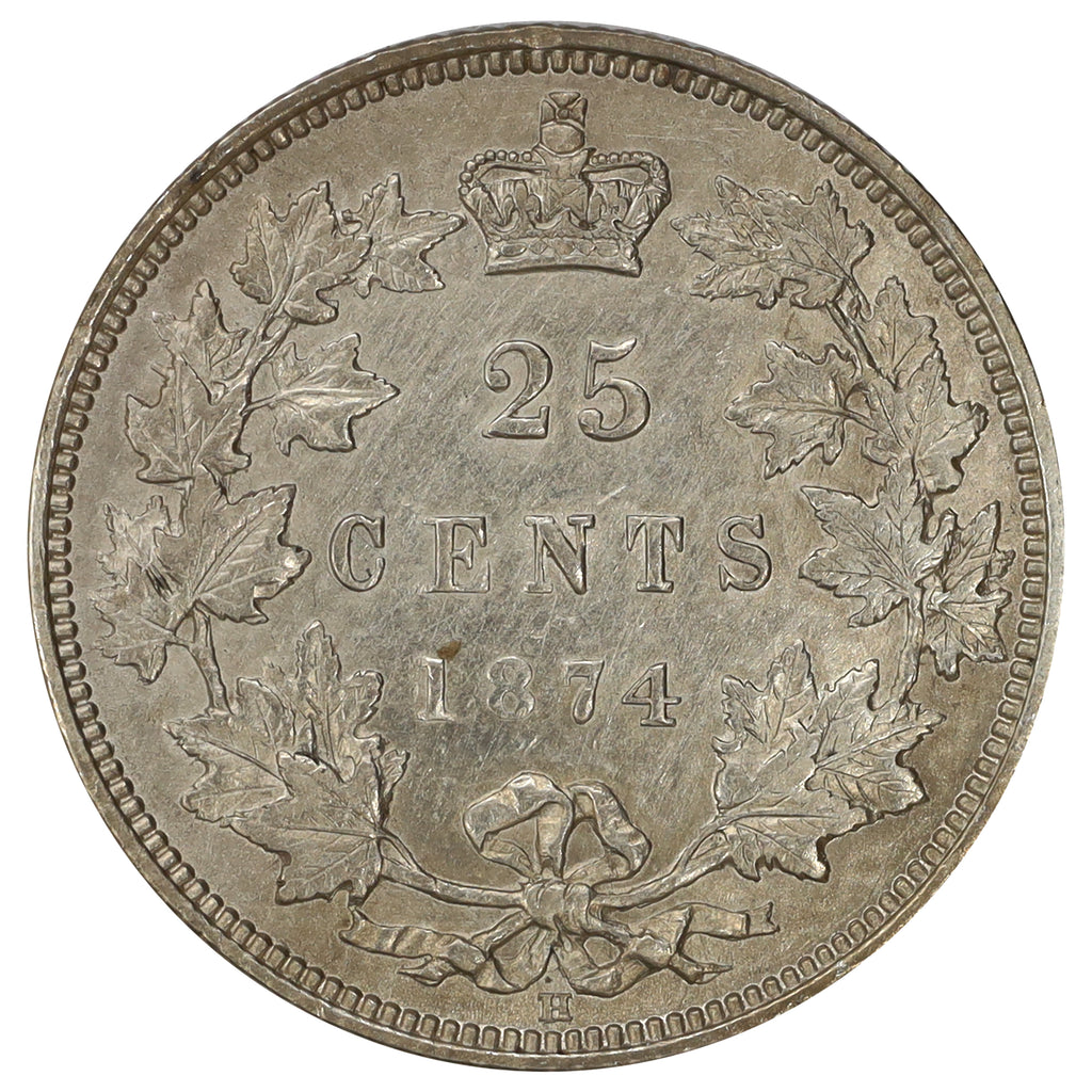 1874H Canada 25-cents EF-AU (EF45) Scratched, marks, or impaired