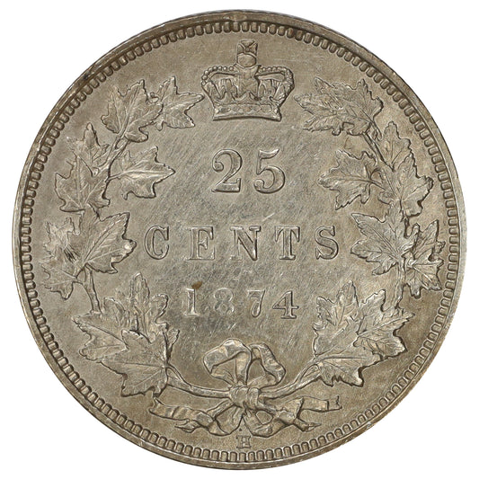 1874H Canada 25-cents EF-AU (EF45) Scratched, marks, or impaired