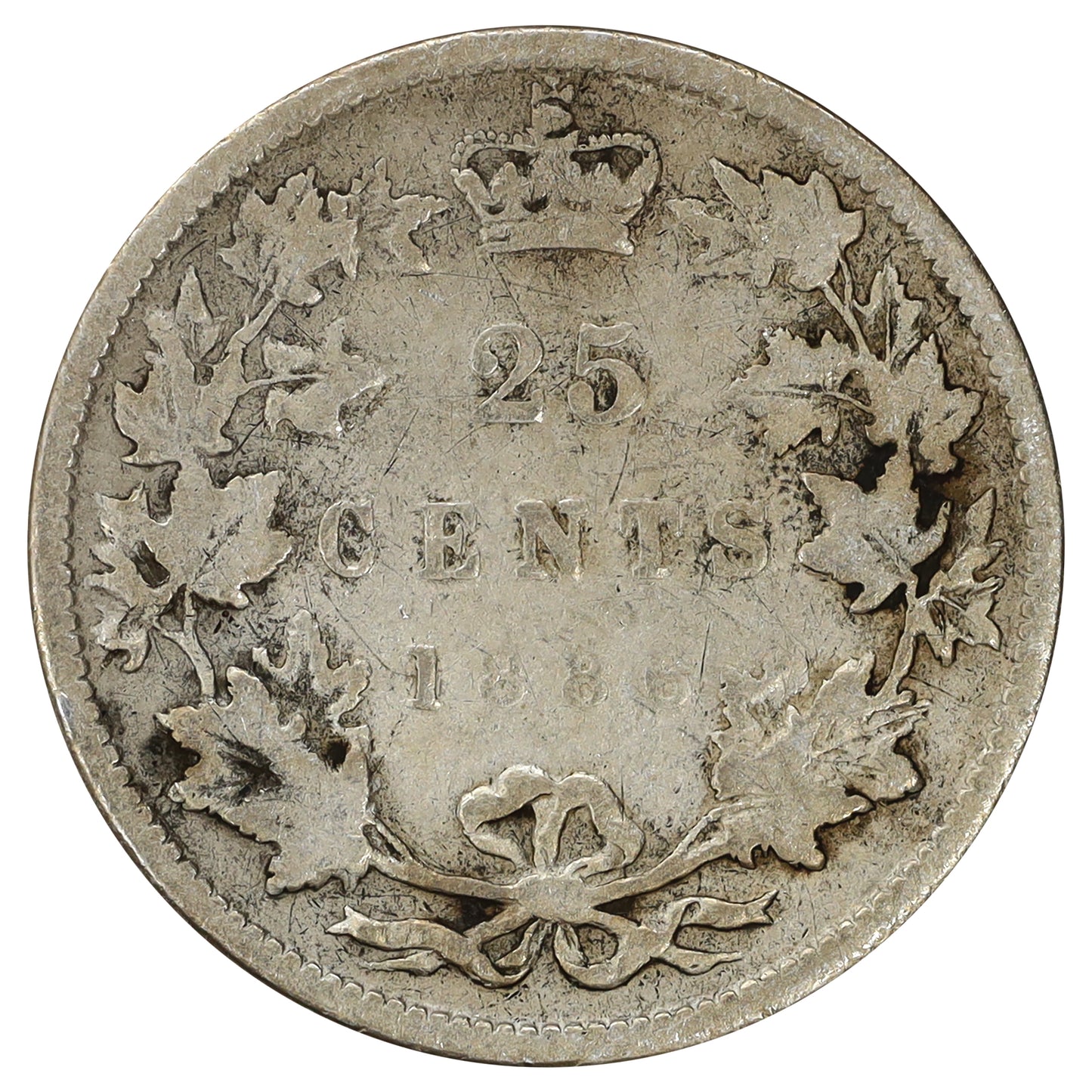 1886 Normal 6 Obv. 5 LBE Canada 25-cents G-VG (G6) Scratched, marks, or impaired