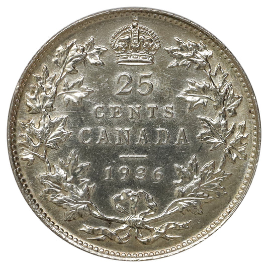 1936 Canada 25-cents Brilliant Uncirculated (MS63) Scratched, marks, or impaired