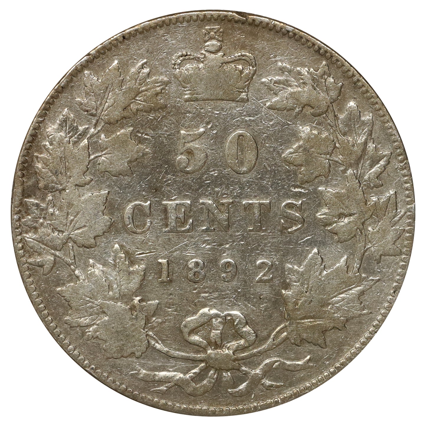1892 Obv. 4 Canada 50-cents Fine (F12) Scratched, marks, or impaired