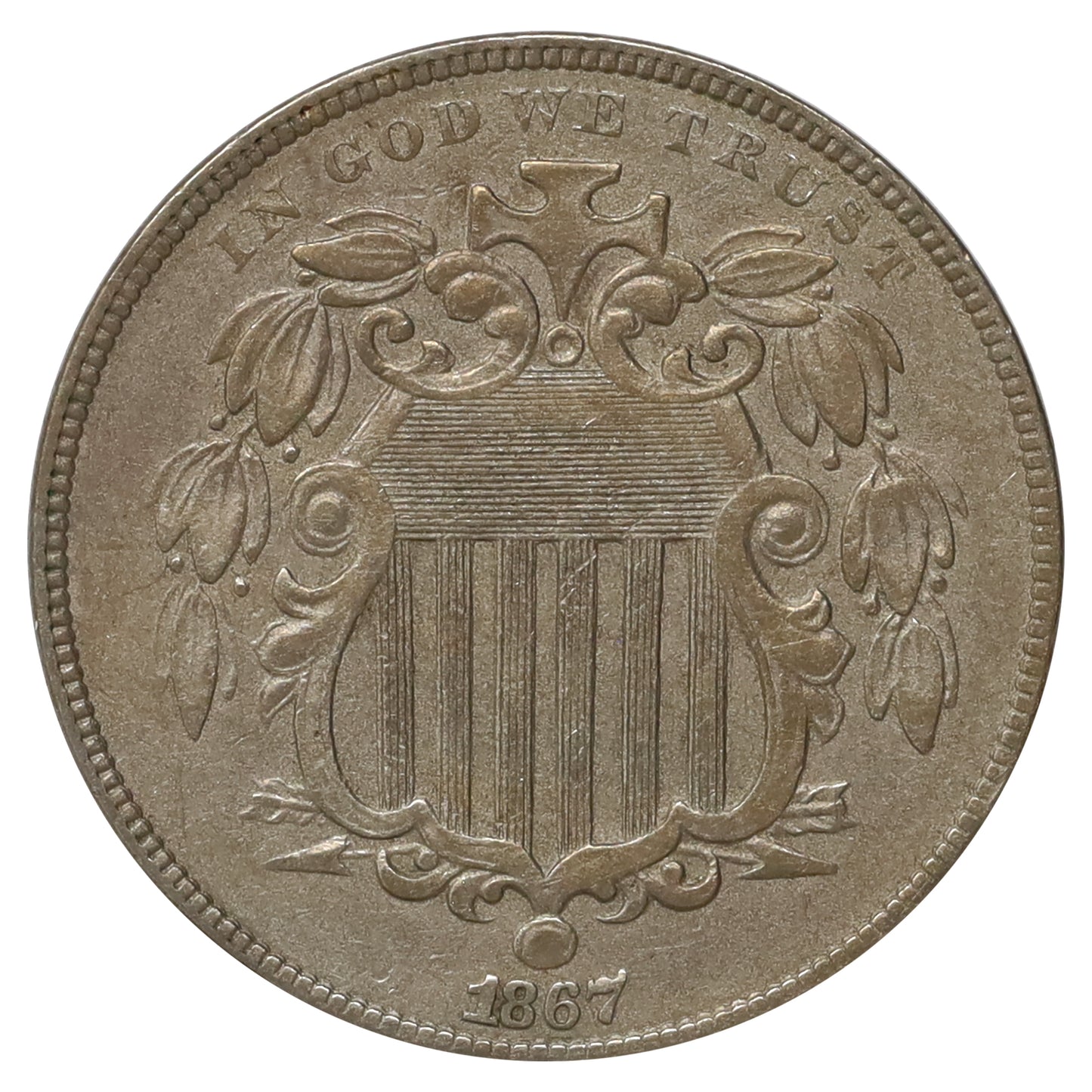 1867 No Rays USA Nickel EF-AU (EF45) Scratched, marks, or impaired