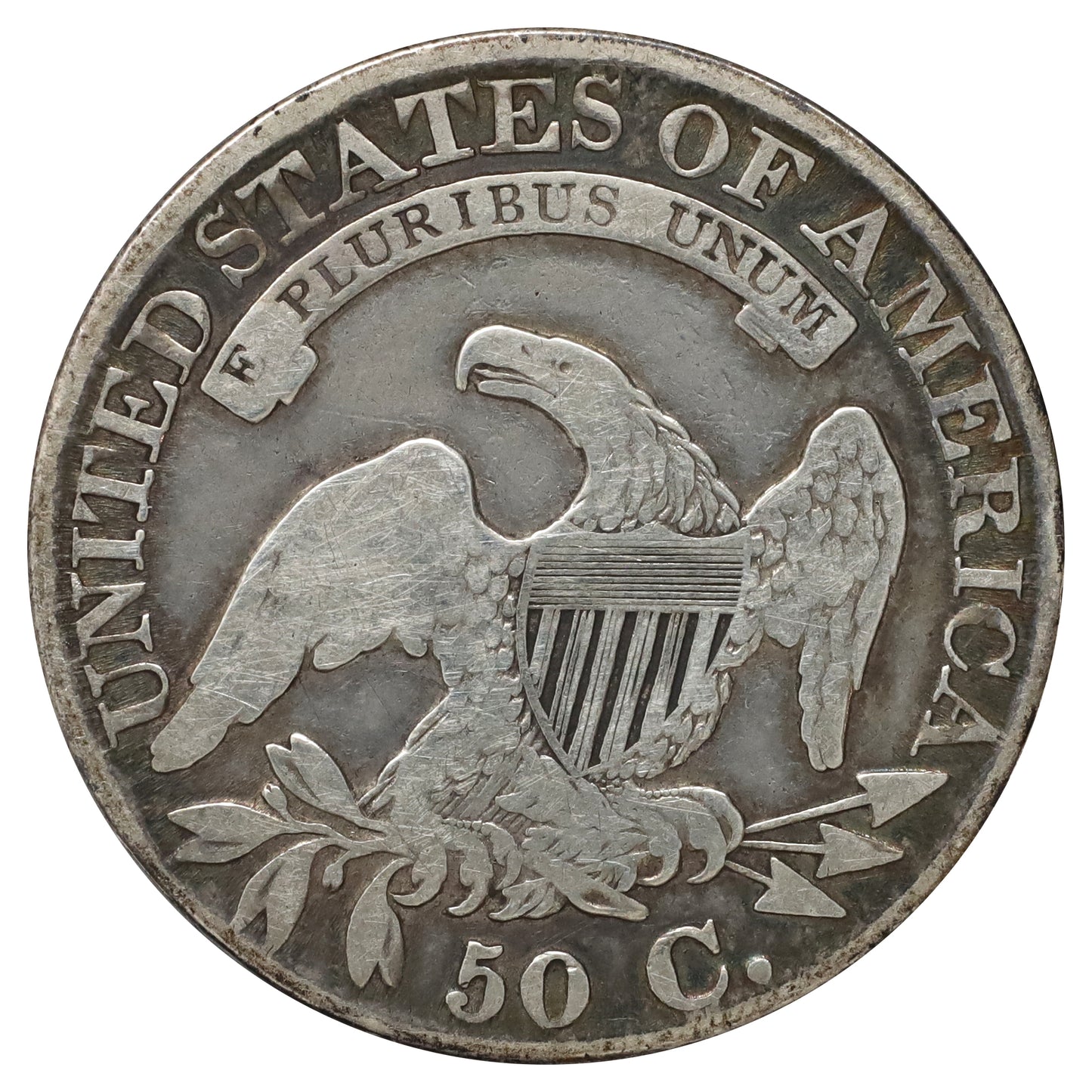 1827 USA Square Base 2 Half Dollar F-VF (F15) Scratched, marks, or impaired