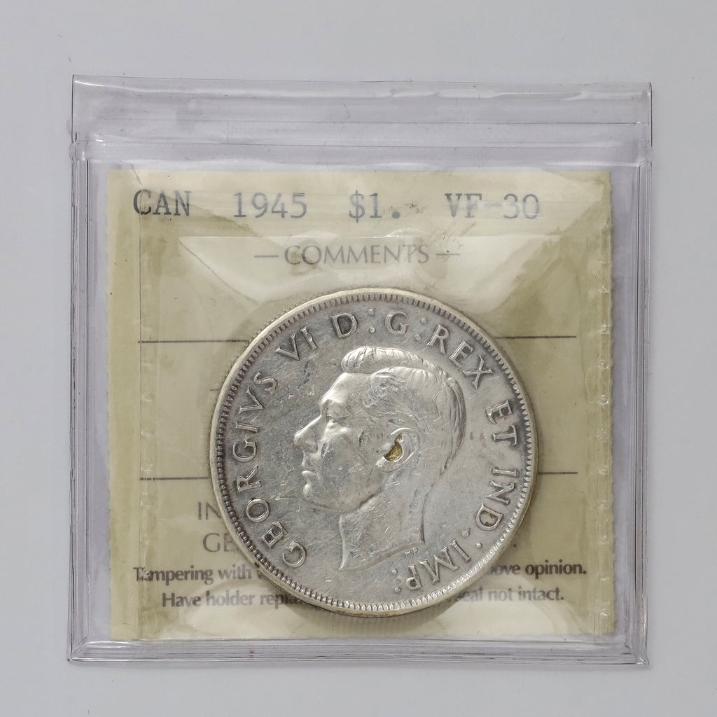1945 Canada Dollar ICCS Certified VF30 (Scratched, cleaned, or impaired)