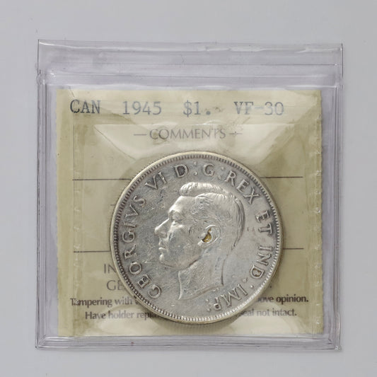 1945 Canada Dollar ICCS Certified VF30 (Scratched, cleaned, or impaired)