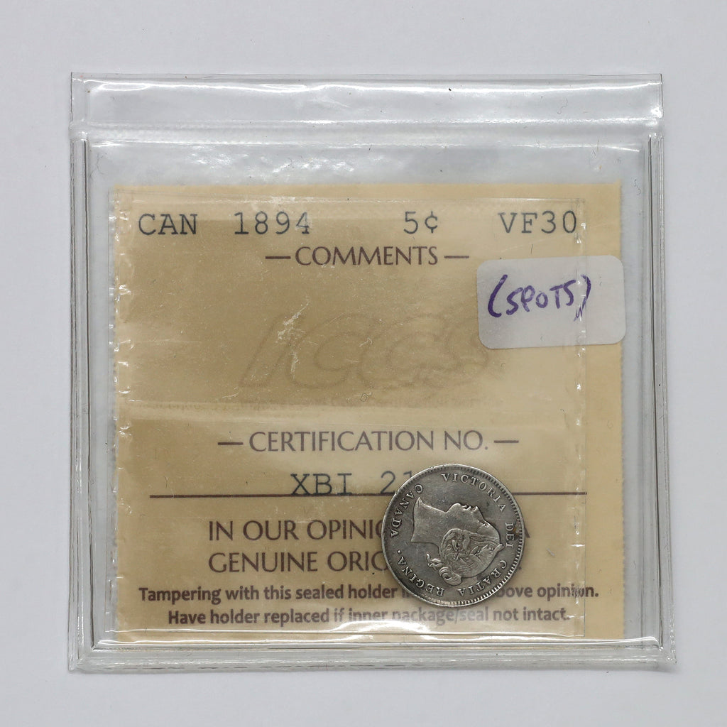 1894 Canada 5-cents ICCS Certified VF30 (Spots)