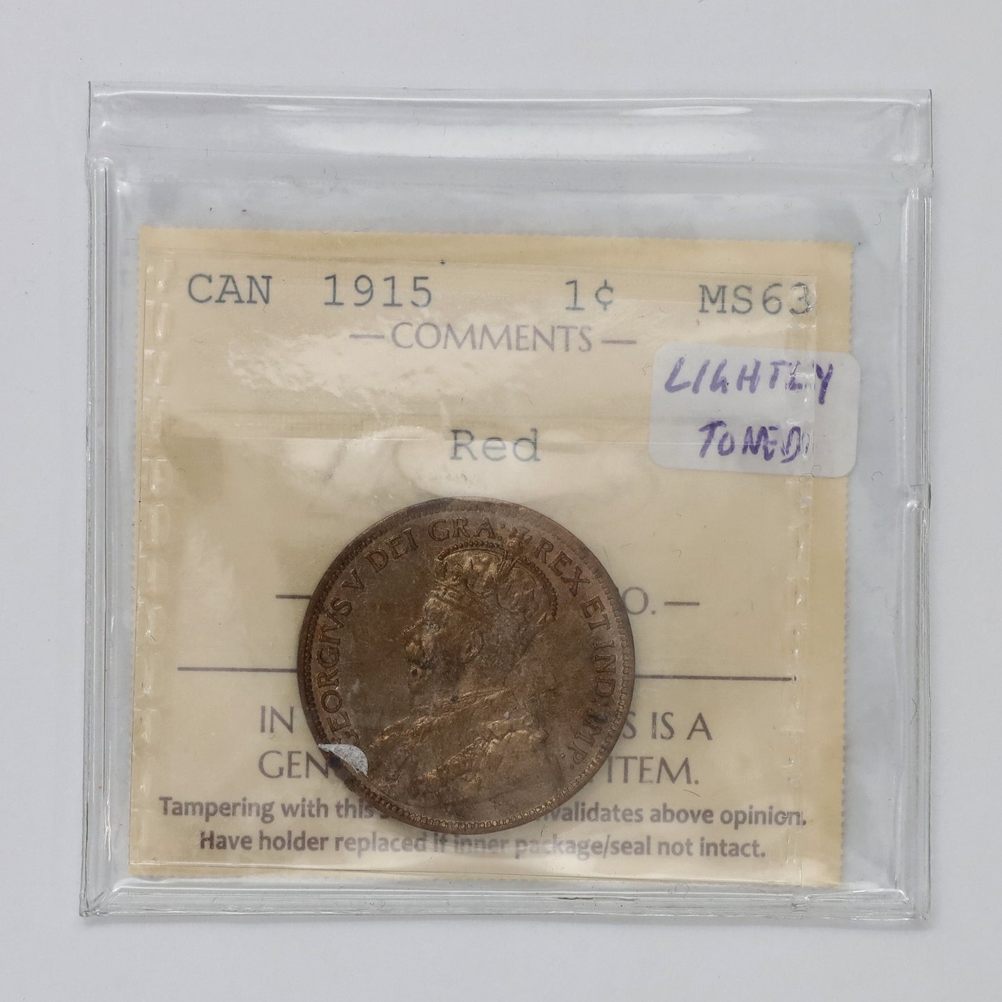 1915 Canada 1-cent ICCS Certified MS63 Red (Lightly Toned)