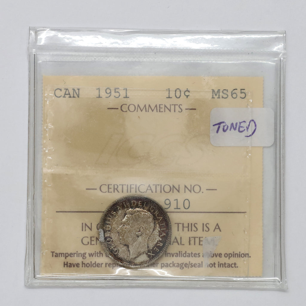 1951 Canada 10-cents ICCS Certified MS65 (Toned)