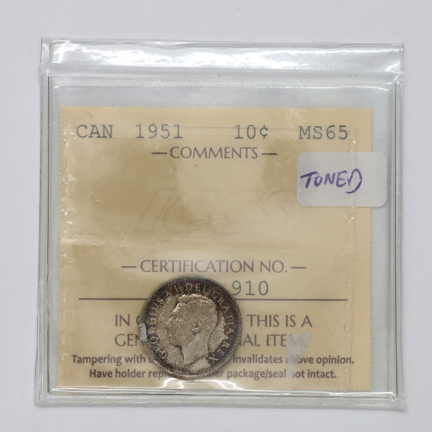1951 Canada 10-cents ICCS Certified MS65 (Toned)