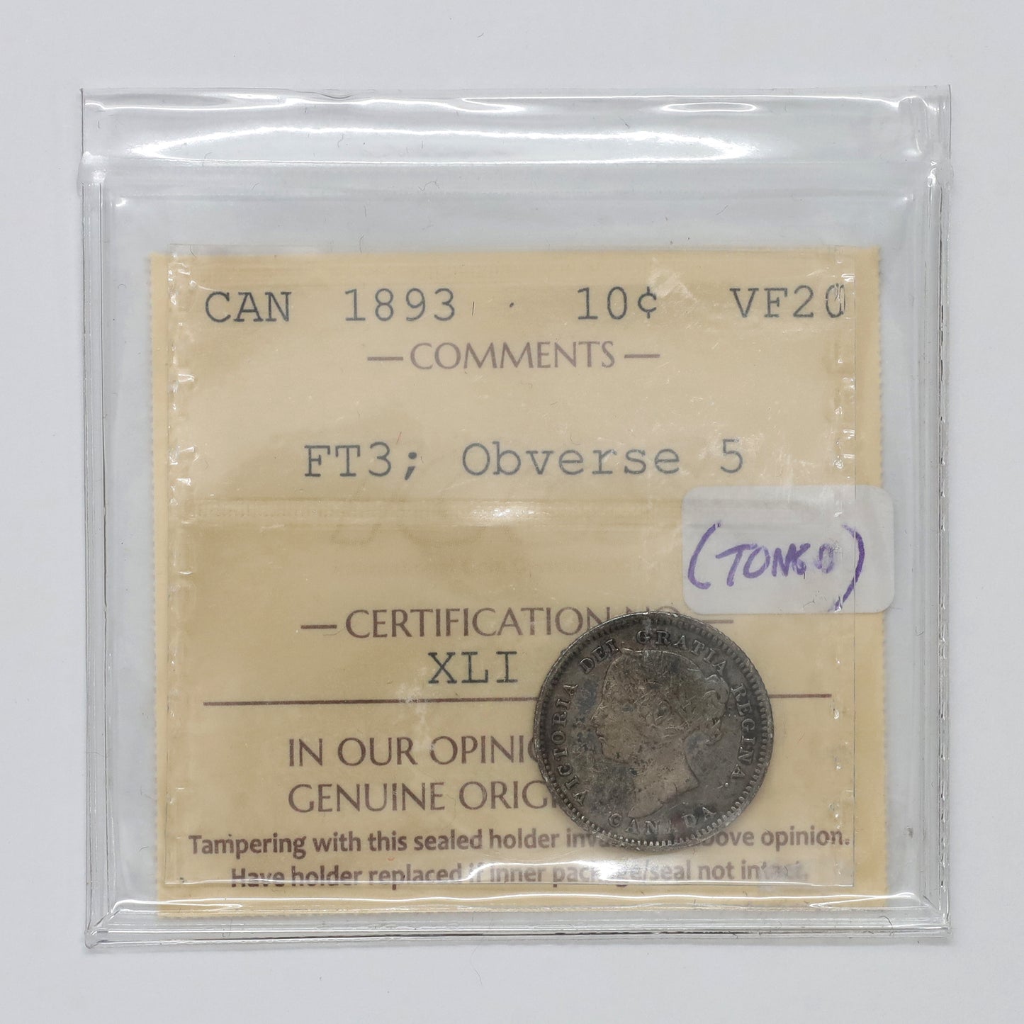 1893 Flat Top 3 Obv. 5 Canada 10-cents ICCS Certified VF20 (Lightly Toned)