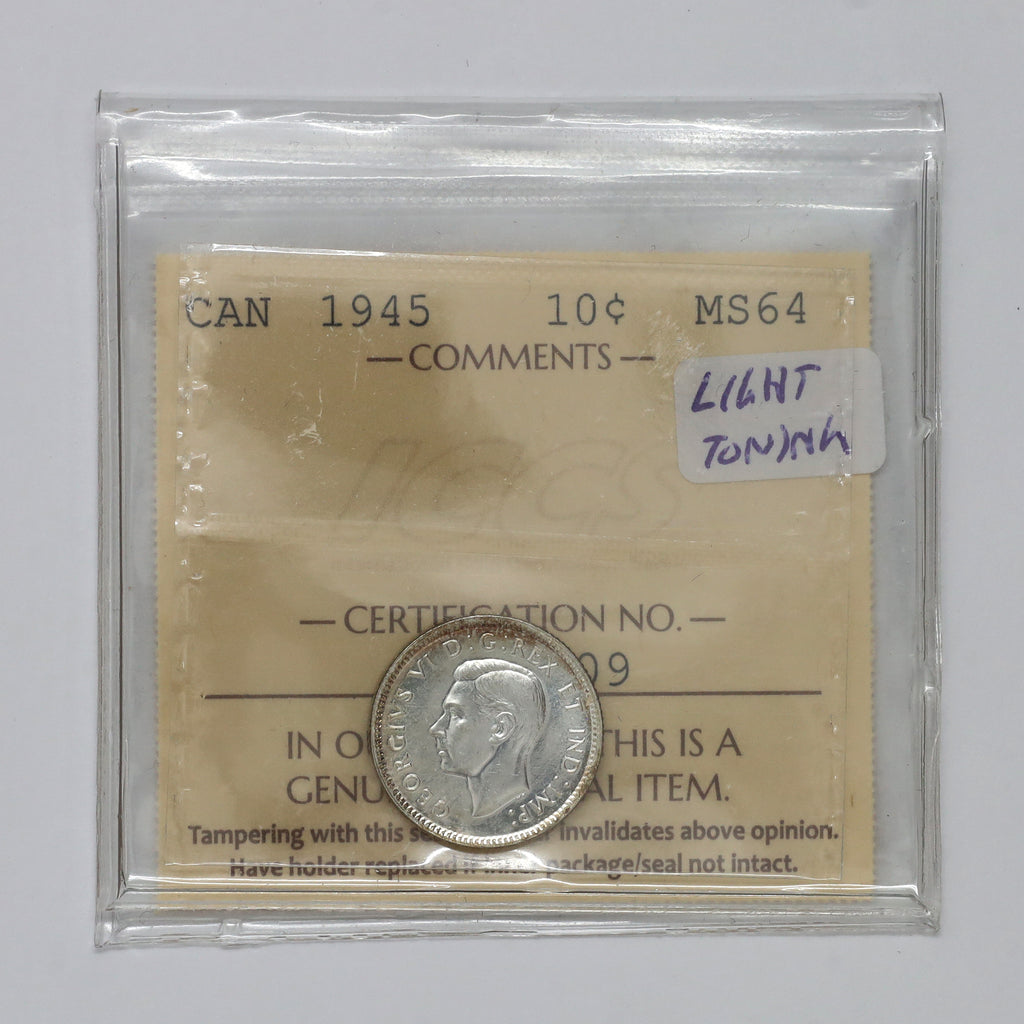 1945 Canada 10-cents ICCS Certfied MS64 (Lightly Toned)