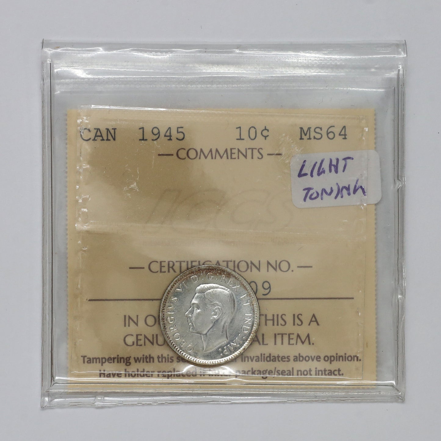 1945 Canada 10-cents ICCS Certfied MS64 (Lightly Toned)