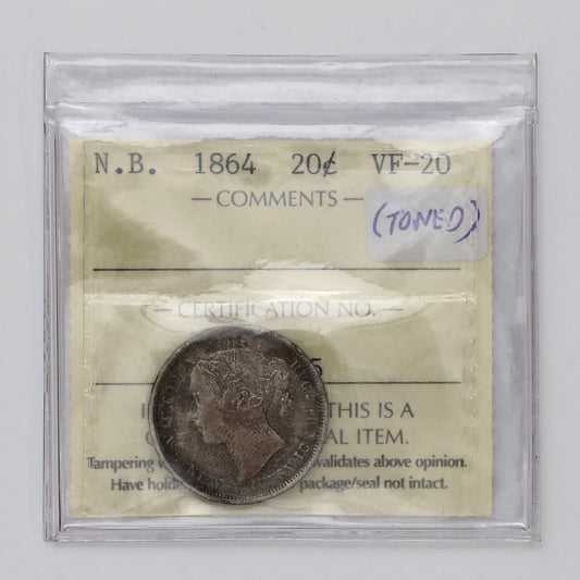 1864 New Brunswick 20-cents ICCS Certified VF20 (Toned)